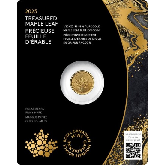 Maple Leaf 2025 1/10 uncia kanadai arany pénzérme - jegesmedve verdejellel