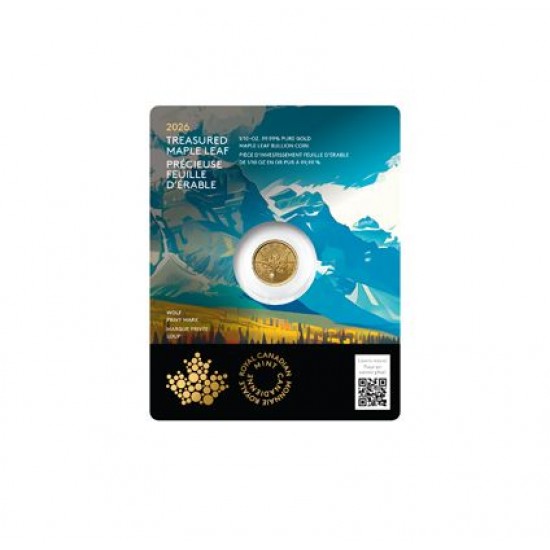 Maple Leaf 2026 1/10 uncia kanadai arany pénzérme - farkas verdejellel