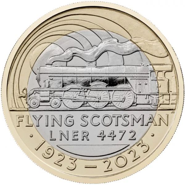 The Flying Scotsman vonat 100. évforduló 2023 2 font brit réz-nikkel pénzérme The Flying Scotsman vonat 100. évforduló 2023 2 font brit réz-nikkel pénzérme