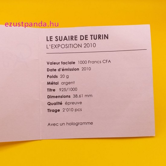 A torinói lepel 2010 proof ezüst pénzérme, hologramos  - CSAK 2010 példányban!