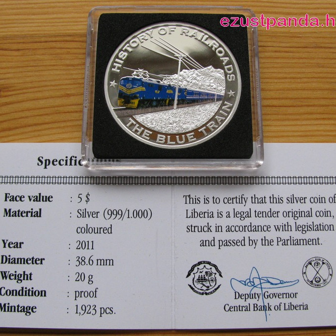 Vonatok Libéria - The Blue Train 2011 színes proof ezüst pénzérme Vonatok Libéria - The Blue Train 2011 színes proof ezüst pénzérme