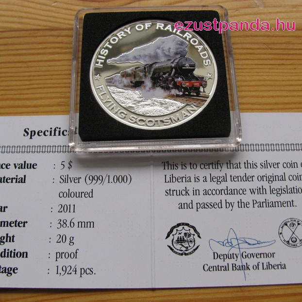 Vonatok Libéria - Flying Scotsman 2011 színes proof ezüst pénzérme Vonatok Libéria - Flying Scotsman 2011 színes proof ezüst pénzérme
