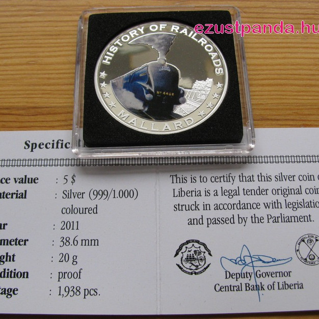 Vonatok Libéria - Mallard 2011 színes proof ezüst pénzérme Vonatok Libéria - Mallard 2011 színes proof ezüst pénzérme