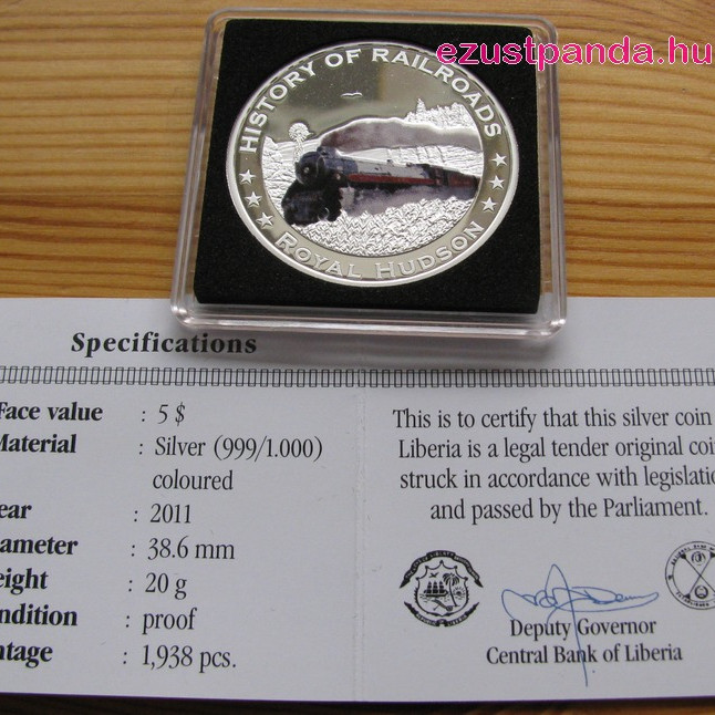 Vonatok Libéria - Royal Hudson 2011 színes proof ezüst pénzérme Vonatok Libéria - Royal Hudson 2011 színes proof ezüst pénzérme
