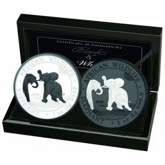 Szomália Elefánt 2024 "Fekete és Fehér" 2x1 uncia ruténiummal bevont ezüst érmeszett