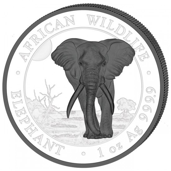 Szomália Elefánt 2025 "Fekete és Fehér" 2x1 uncia ruténiummal bevont ezüst érmeszett Szomália Elefánt 2025 "Fekete és Fehér" 2x1 uncia ruténiummal bevont ezüst érmeszett