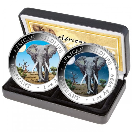 Szomália Elefánt 2025 "Nappal és Éjszaka" 2x1 uncia színes ezüst érmeszett - 500 PÉLDÁNYBAN!