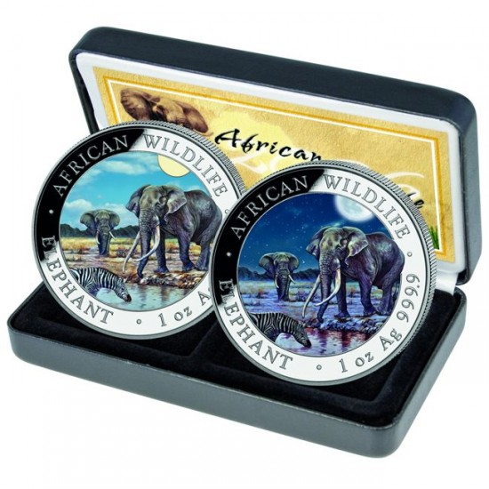 Szomália Elefánt 2026 "Nappal és Éjszaka" 2x1 uncia színes ezüst érmeszett - 500 PÉLDÁNYBAN!