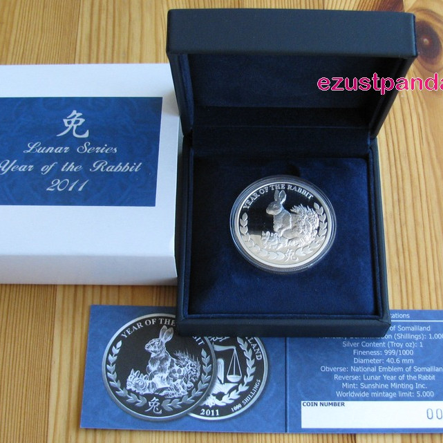 Szomáliföld Nyúl éve 2011 1 uncia proof ezüst pénzérme Szomáliföld Nyúl éve 2011 1 uncia proof ezüst pénzérme