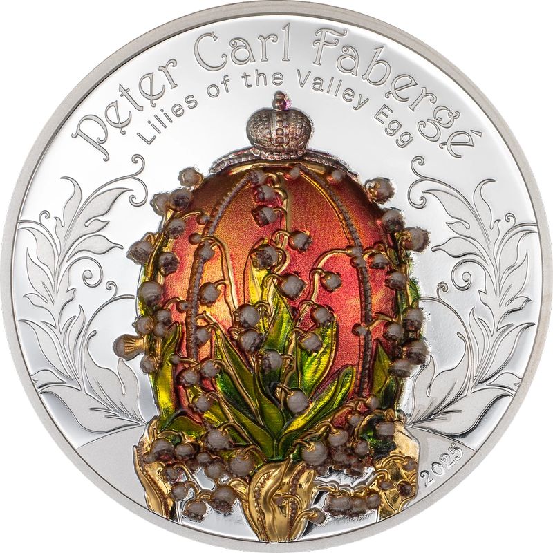 Fabergé tojás "Gyöngyvirág" 2025 Liechtenstein 2 uncia ezüst pénzérme mongol névértékkel