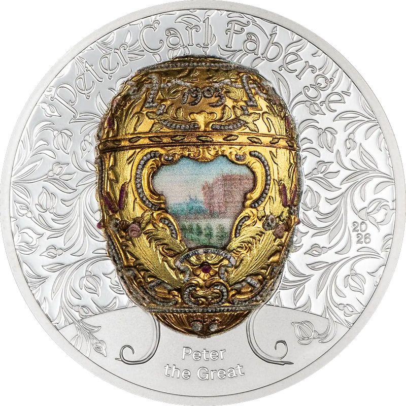 Fabergé tojás "Nagy Péter cár" 2026 Liechtenstein 2 uncia ezüst pénzérme mongol névértékkel Fabergé tojás "Nagy Péter cár" 2026 Liechtenstein 2 uncia ezüst pénzérme mongol névértékkel