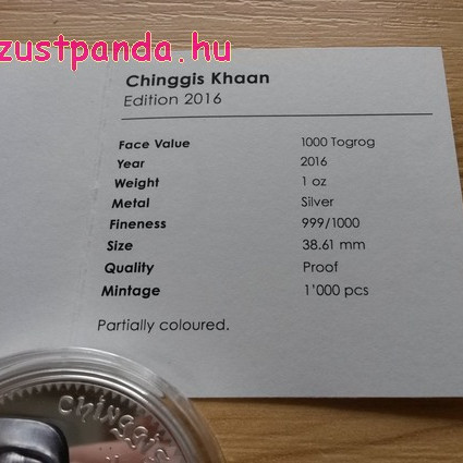 Dzsingisz Kán 2016 mongol 1 uncia proof high-relief ezüst pénzérme