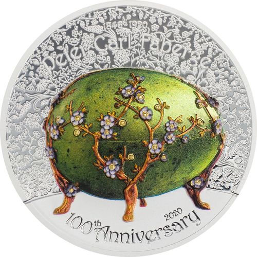 Fabergé tojás "Almavirág" 2020 Liechtenstein 2 uncia ezüst pénzérme mongol névértékkel Fabergé tojás "Almavirág" 2020 Liechtenstein 2 uncia ezüst pénzérme mongol névértékkel