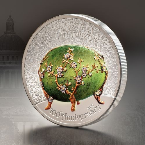 Fabergé tojás "Almavirág" 2020 Liechtenstein 2 uncia ezüst pénzérme mongol névértékkel Fabergé tojás "Almavirág" 2020 Liechtenstein 2 uncia ezüst pénzérme mongol névértékkel