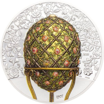 Fabergé tojás "Rózsalugas" 2021 Liechtenstein 2 uncia ezüst pénzérme mongol névértékkel
