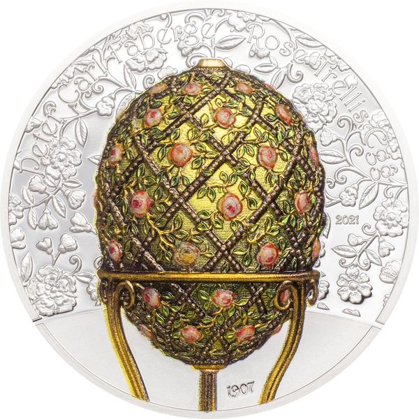 Fabergé tojás "Rózsalugas" 2021 Liechtenstein 2 uncia ezüst pénzérme mongol névértékkel Fabergé tojás "Rózsalugas" 2021 Liechtenstein 2 uncia ezüst pénzérme mongol névértékkel