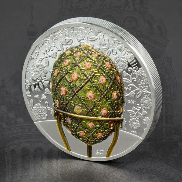 Fabergé tojás "Rózsalugas" 2021 Liechtenstein 2 uncia ezüst pénzérme mongol névértékkel Fabergé tojás "Rózsalugas" 2021 Liechtenstein 2 uncia ezüst pénzérme mongol névértékkel