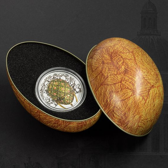 Fabergé tojás "Rózsalugas" 2021 Liechtenstein 2 uncia ezüst pénzérme mongol névértékkel Fabergé tojás "Rózsalugas" 2021 Liechtenstein 2 uncia ezüst pénzérme mongol névértékkel