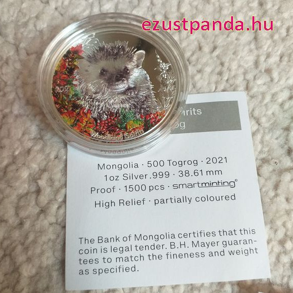Sündisznó Mongólia 2021 színes proof ezüst pénzérme - CSAK 1500 PÉLDÁNY!
