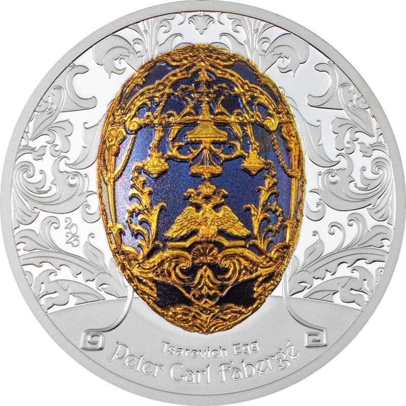 Fabergé tojás "Cárevics" 2023 Liechtenstein 2 uncia ezüst pénzérme mongol névértékkel Fabergé tojás "Cárevics" 2023 Liechtenstein 2 uncia ezüst pénzérme mongol névértékkel