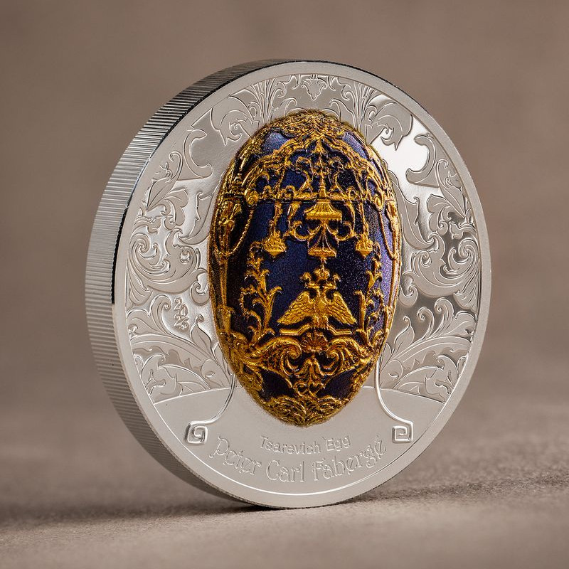 Fabergé tojás "Cárevics" 2023 Liechtenstein 2 uncia ezüst pénzérme mongol névértékkel Fabergé tojás "Cárevics" 2023 Liechtenstein 2 uncia ezüst pénzérme mongol névértékkel