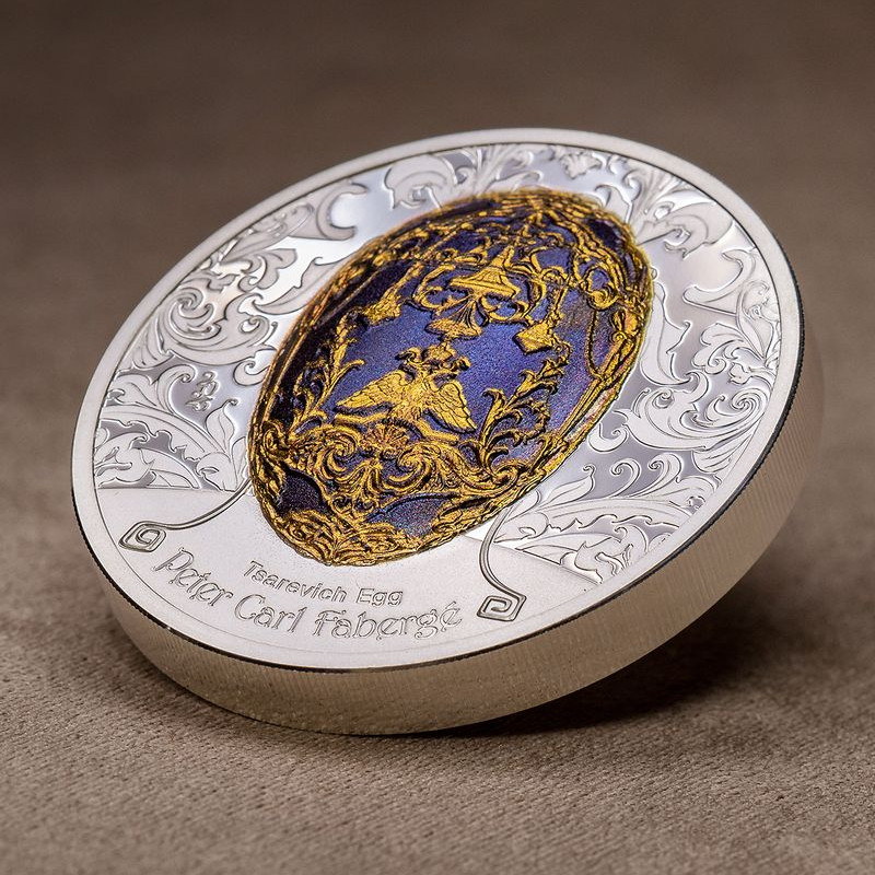 Fabergé tojás "Cárevics" 2023 Liechtenstein 2 uncia ezüst pénzérme mongol névértékkel Fabergé tojás "Cárevics" 2023 Liechtenstein 2 uncia ezüst pénzérme mongol névértékkel