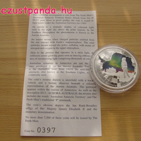 Antarktisz - Aurora sarki fény 2013 1 uncia proof ezüst pénzérme Antarktisz - Aurora sarki fény 2013 1 uncia proof ezüst pénzérme