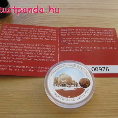Shanghai ausztrál pavilon 1 uncia ausztrál ezüst pénzérme Shanghai ausztrál pavilon 1 uncia ausztrál ezüst pénzérme