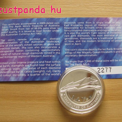 Ausztrália kincsei - Gyémántok 2009 1 uncia proof ezüst pénzérme gyémántokkal Ausztrália kincsei - Gyémántok 2009 1 uncia proof ezüst pénzérme gyémántokkal