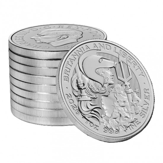 Britannia és Liberty 2026 brit 1 uncia 2 GBP ezüst pénzérme