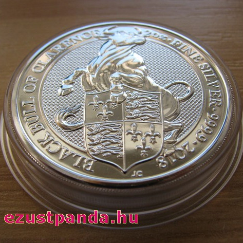 A királynő címerállatai - Clarence fekete bikája 2018 2 uncia 5 GBP ezüst pénzérme A királynő címerállatai - Clarence fekete bikája 2018 2 uncia 5 GBP ezüst pénzérme