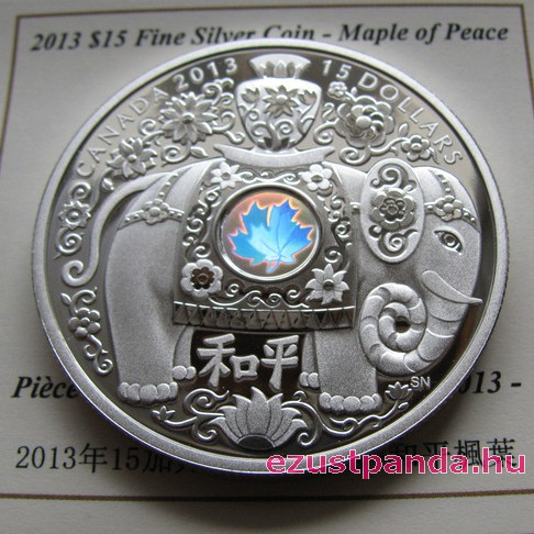 A Béke elefántja - Maple of Peace 2013 1 uncia proof hologramos ezüst pénzérme 