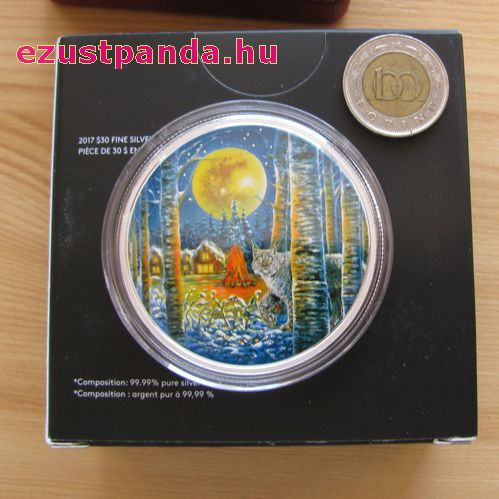 Hiúz a holdfényben 2 uncia kanadai proof ezüst pénzérme, sötétben világít