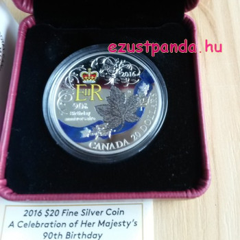 Erzsébet királynő 90 éves 1 uncia kanadai proof ezüst pénzérme