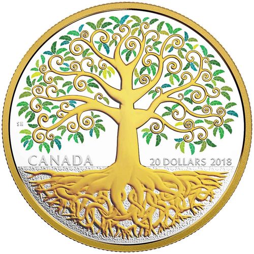 Az Élet fája Kanada 2018 aranyozott proof ezüst pénzérme 