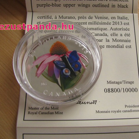 Murano-i üveg pillangó 1 uncia kanadai proof ezüst pénzérme Murano-i üveg pillangó 1 uncia kanadai proof ezüst pénzérme