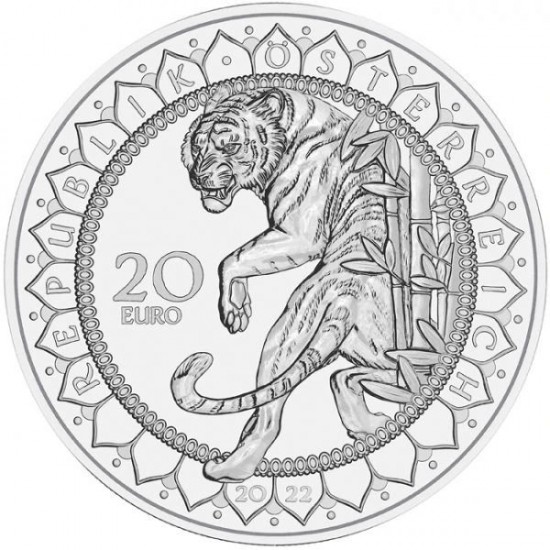 A világ szemei - A tigris ereje 20 EUR 2022 proof ezüst pénzérme Swarovski kristályokkal