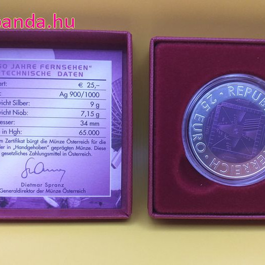 Televíziózás 50 éves (50 Jahre Fernsehen) 25 EUR 2005 ezüst-nióbium pénzérme