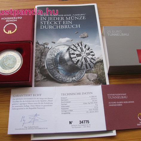 Alagútfúrás (Tunnelbau) 25 EUR 2013 ezüst-nióbium pénzérme Alagútfúrás (Tunnelbau) 25 EUR 2013 ezüst-nióbium pénzérme