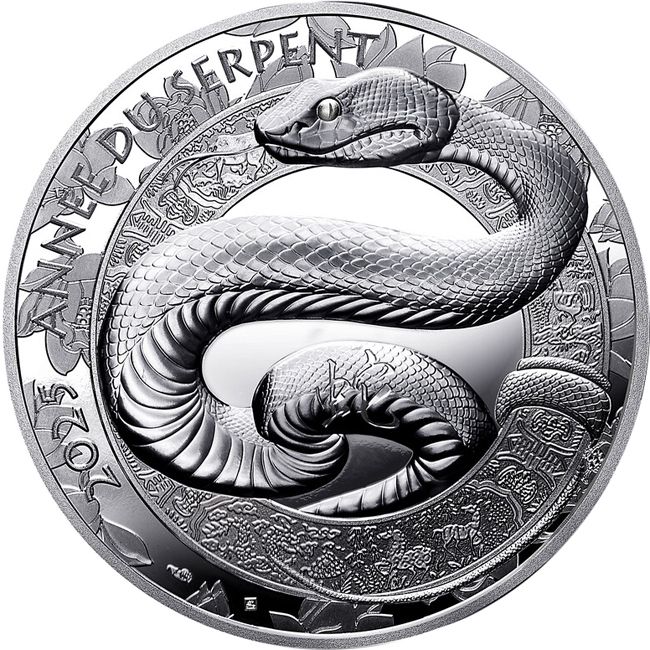Kígyó éve 2025 francia 1 uncia 20 EUR proof high-relief ezüst pénzérme