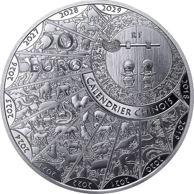 Kígyó éve 2025 francia 1 uncia 20 EUR proof high-relief ezüst pénzérme