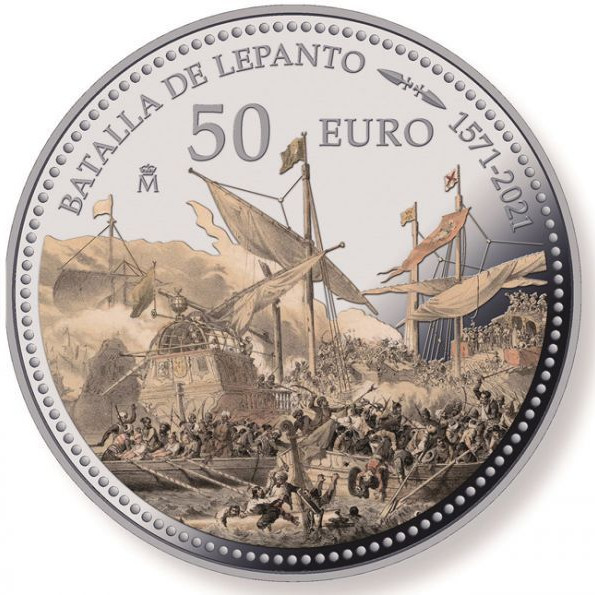 A Lepantói csata 450. évfordulója spanyol 5 uncia proof ezüst pénzérme A Lepantói csata 450. évfordulója spanyol 5 uncia proof ezüst pénzérme