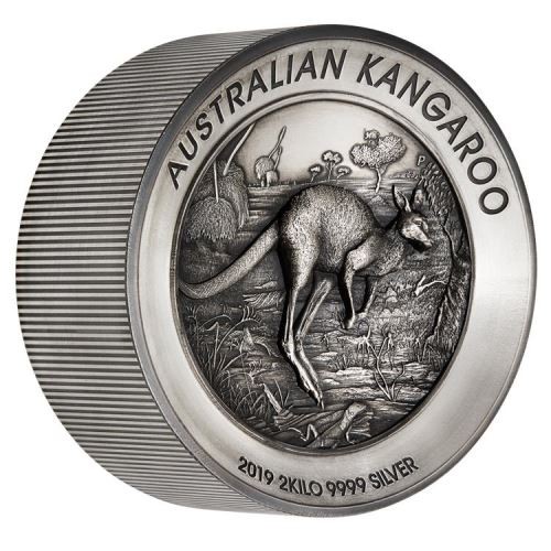 Kenguru 2019 2 kilogramm antikolt high-relief ezüst pénzérme Kenguru 2019 2 kilogramm antikolt high-relief ezüst pénzérme