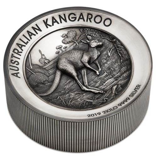 Kenguru 2019 2 kilogramm antikolt high-relief ezüst pénzérme Kenguru 2019 2 kilogramm antikolt high-relief ezüst pénzérme