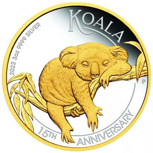 Koala 2022 3 uncia proof, aranyozott ausztrál ezüst pénzérme