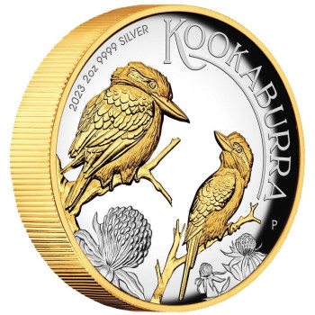 Kookaburra 2023 2 uncia proof, high-relief aranyozott ausztrál ezüst pénzérme