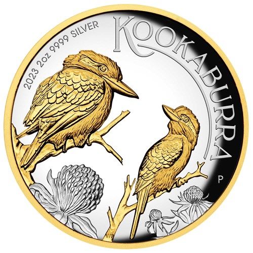 Kookaburra 2023 2 uncia proof, high-relief aranyozott ausztrál ezüst pénzérme