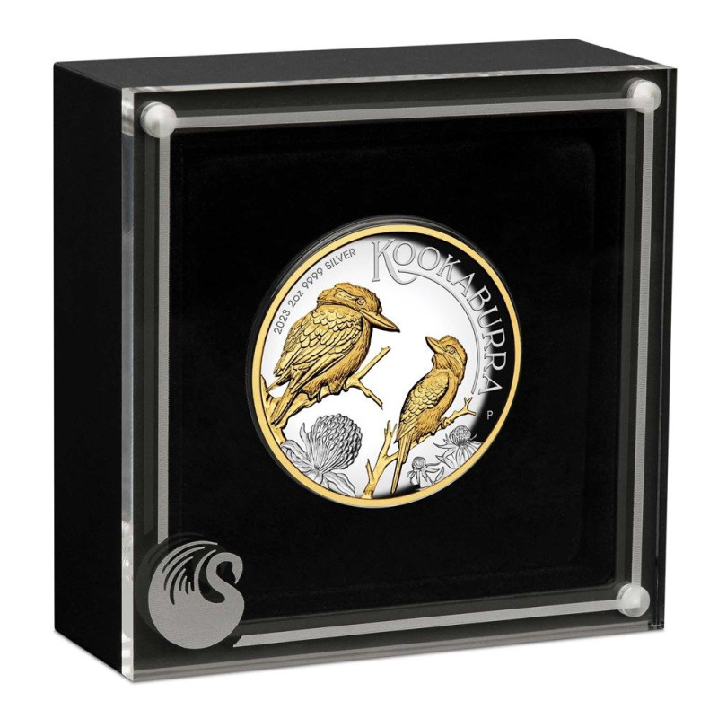 Kookaburra 2023 2 uncia proof, high-relief aranyozott ausztrál ezüst pénzérme