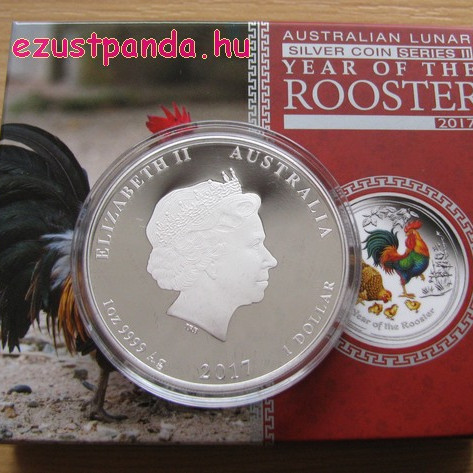 Lunar2 Kakas éve 2017 1 uncia színes proof ezüst pénzérme Lunar2 Kakas éve 2017 1 uncia színes proof ezüst pénzérme