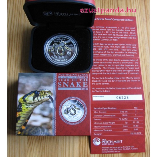 Lunar2 Kígyó éve 2013 1 uncia színes proof ezüst pénzérme Lunar2 Kígyó éve 2013 1 uncia színes proof ezüst pénzérme